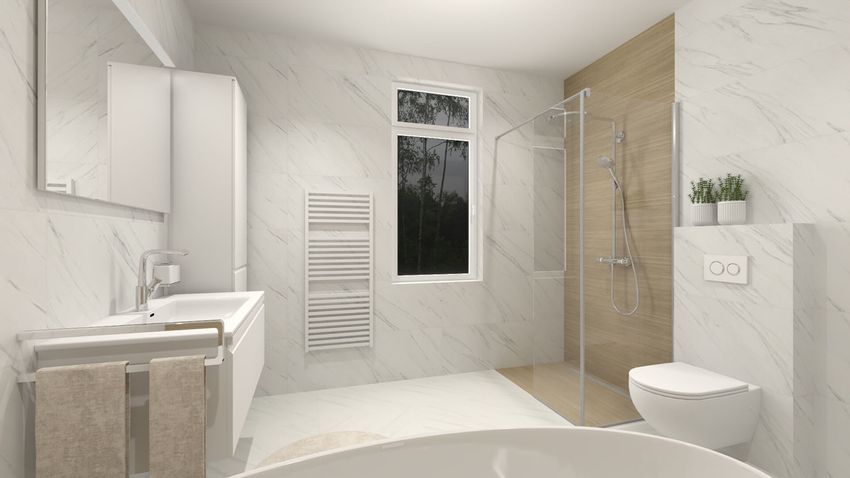 Biela mramorová kúpeľňa s drevom