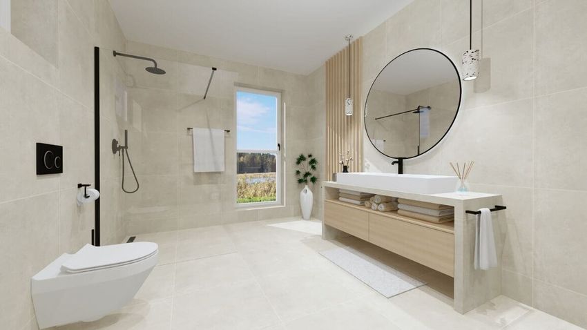 Béžová kúpeľňa s drevenými doplnkami