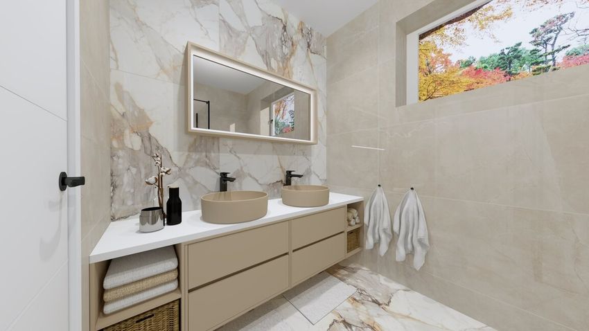 Béžová kúpeľňa s imitáciou mramoru
