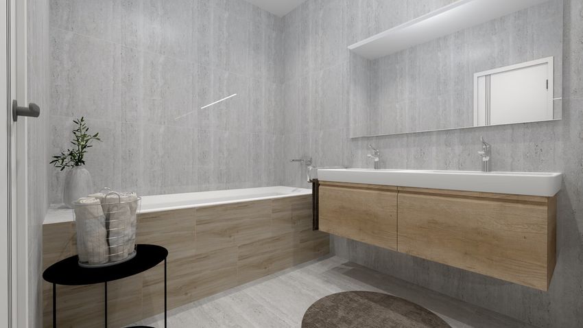 Sivá lesklá kúpeľňa s drevom