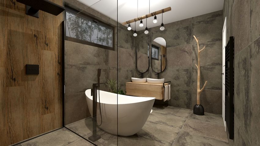 Kúpeľňa v imitácií dreva a betónu