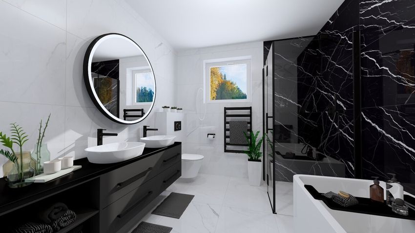 Čierno bielaelegantná kúpeľňa s imitáciou mramoru