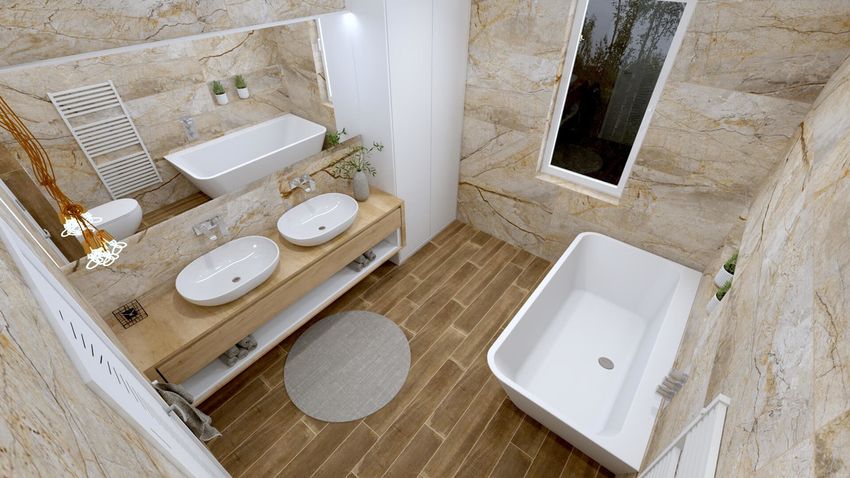Hnedá mramorovo-drevená kúpeľňa