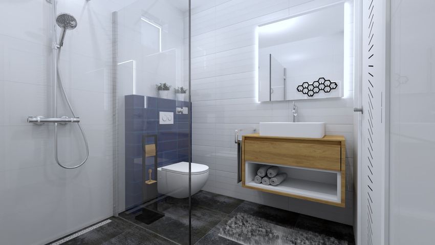 Modro-biela kúpeľňa so sprchovým kútom