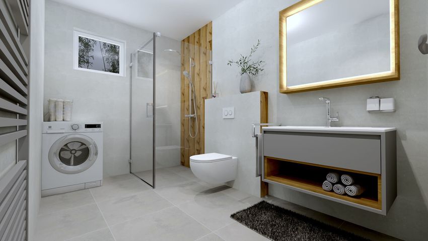 Sivá kúpeľňa s imitáciou dreva