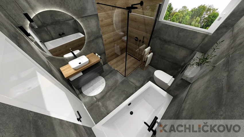 Elegantná betónová kúpeľňa s imitáciou dreva