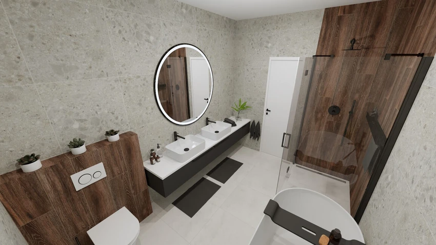 Elegantná kúpeľňa s imitáciou kameňa dreva