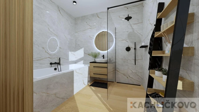 Jemná elegantná sivá kúpeľňa v kombinácii s drevom