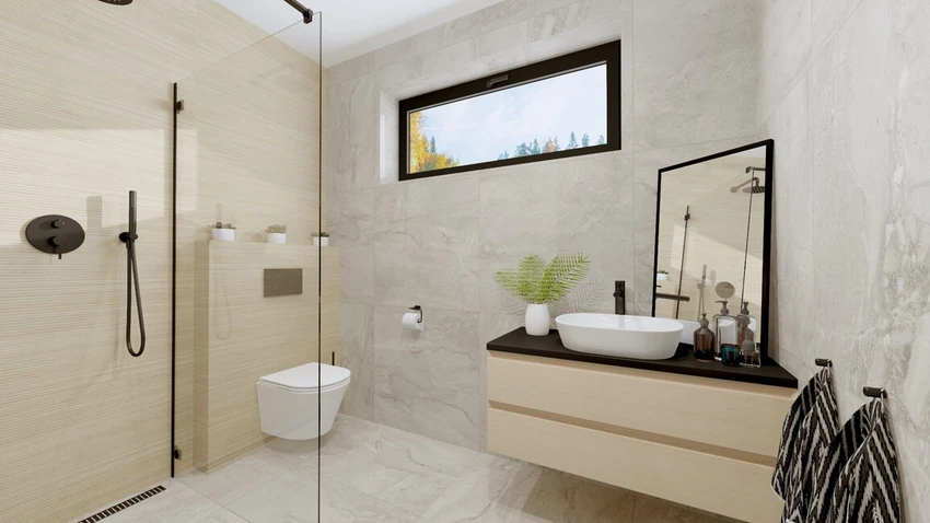 Kúpelňa s imitáciou mramoru v kombinácii so vzorom dreva