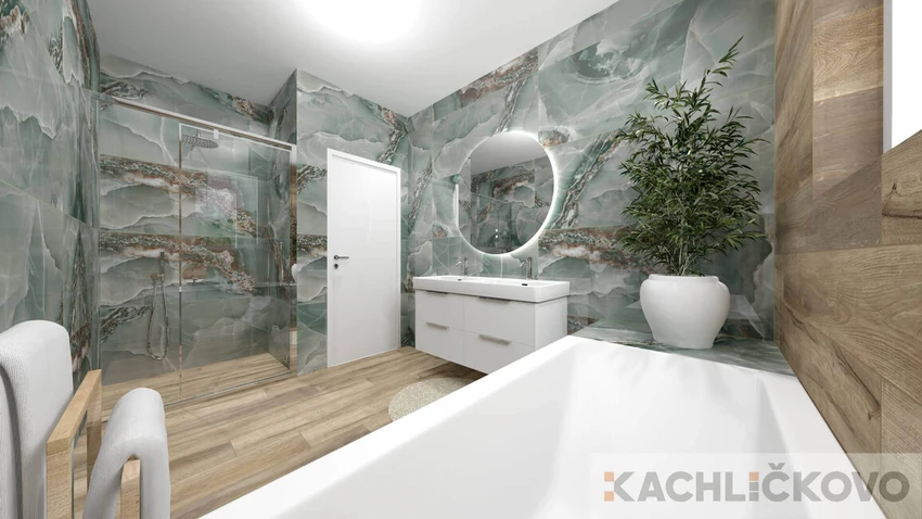 Luxusná kúpeľna s imitáciou dreva a mramoru