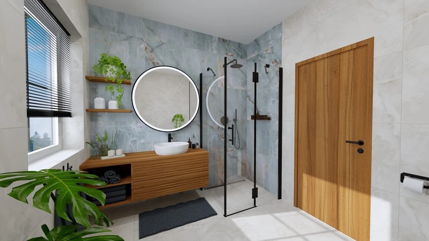 Luxusná mramorová kúpeľňa v kombinácii s drevom