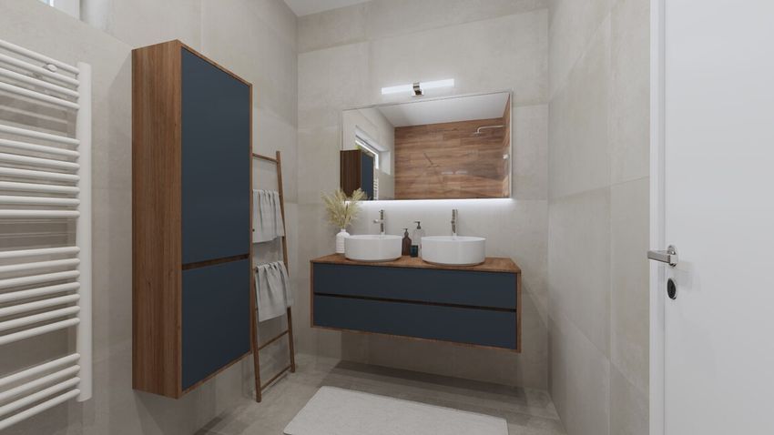 Malá kúpeľňa v imitácii dreva a betónu
