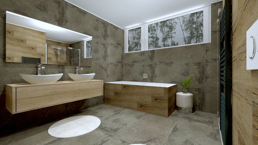 Moderný betón v kúpeľni s drevom