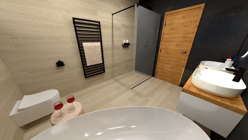Moderná čierno-béžová kúpeľňa s drevo dekorom