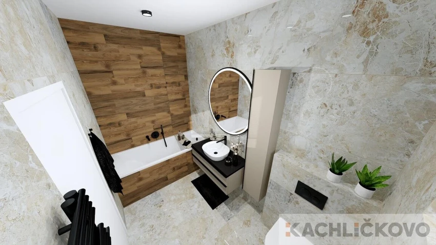 Moderná kúpeľňa v imitácii kameňa a drevom