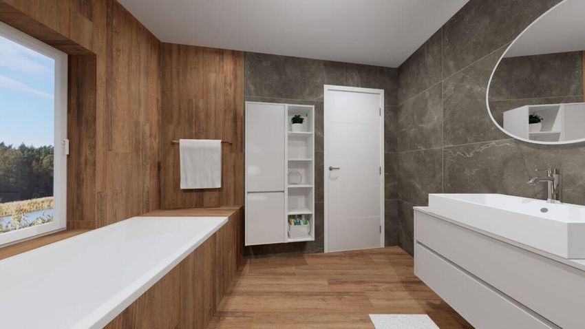 Podkrovná kúpeľňa s imitáciou dreva a mramoru