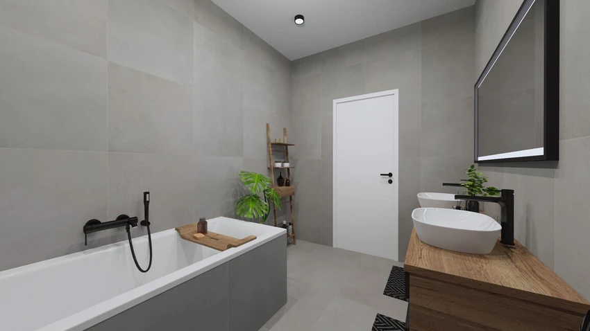 Sivá elegantná kúpeľna s čiernymi prvkami