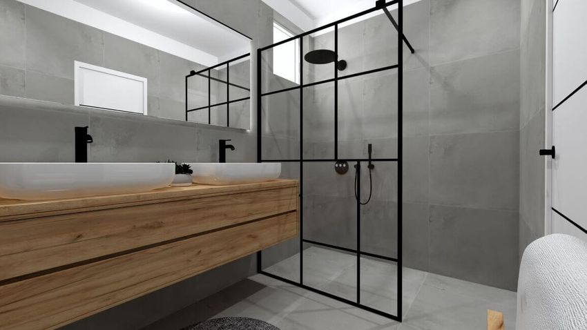 Sivá kúpeľňa s čiernou sanitou