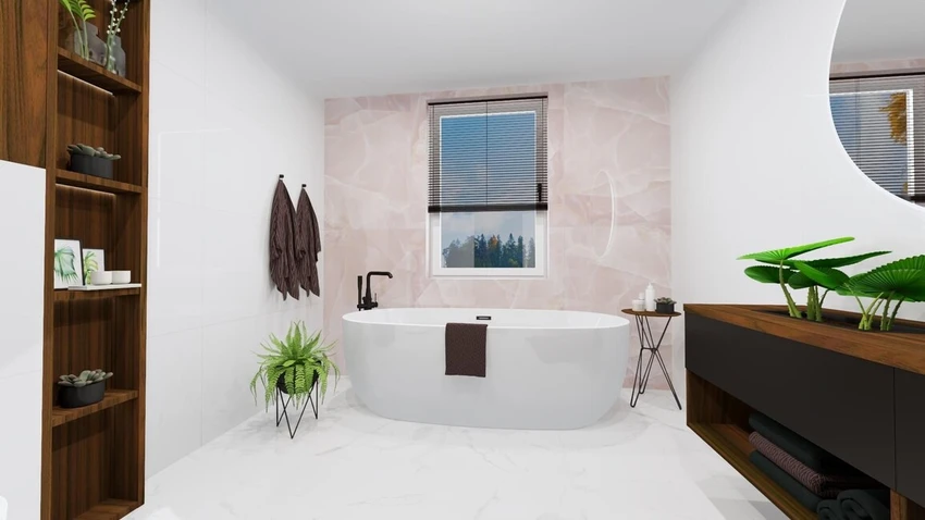 Štýlová kúpeľňa s imitáciou ružového mramoru