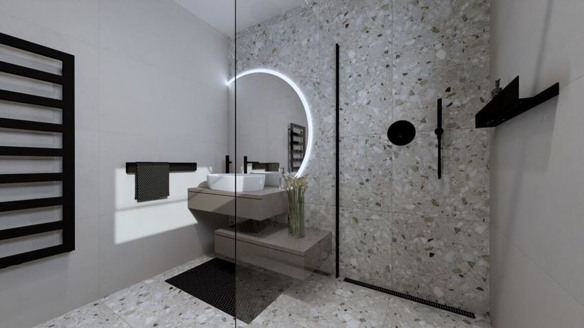 Útulná sivá kúpeľňa v imitácii betónu a terazza
