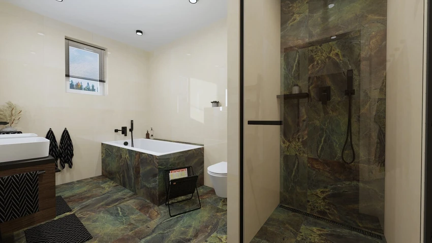 Zaujímavá kúpeľňa s imitáciou zeleného a béžového mramoru