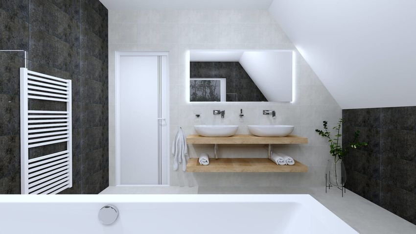 Čierno-biela podkrovná kúpeľňa