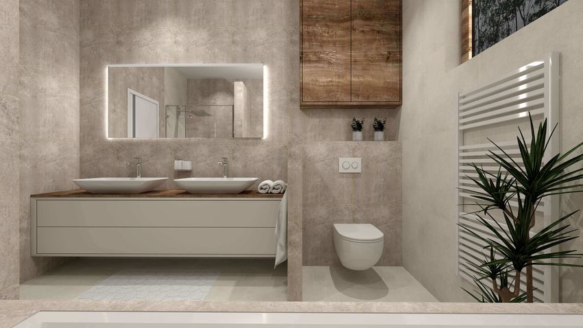 Béžová kúpeľňa v imitácií betónu