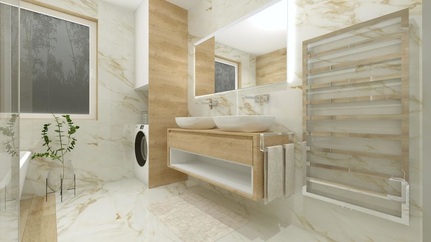 Svetlá mramorová kúpeľňa s drevom
